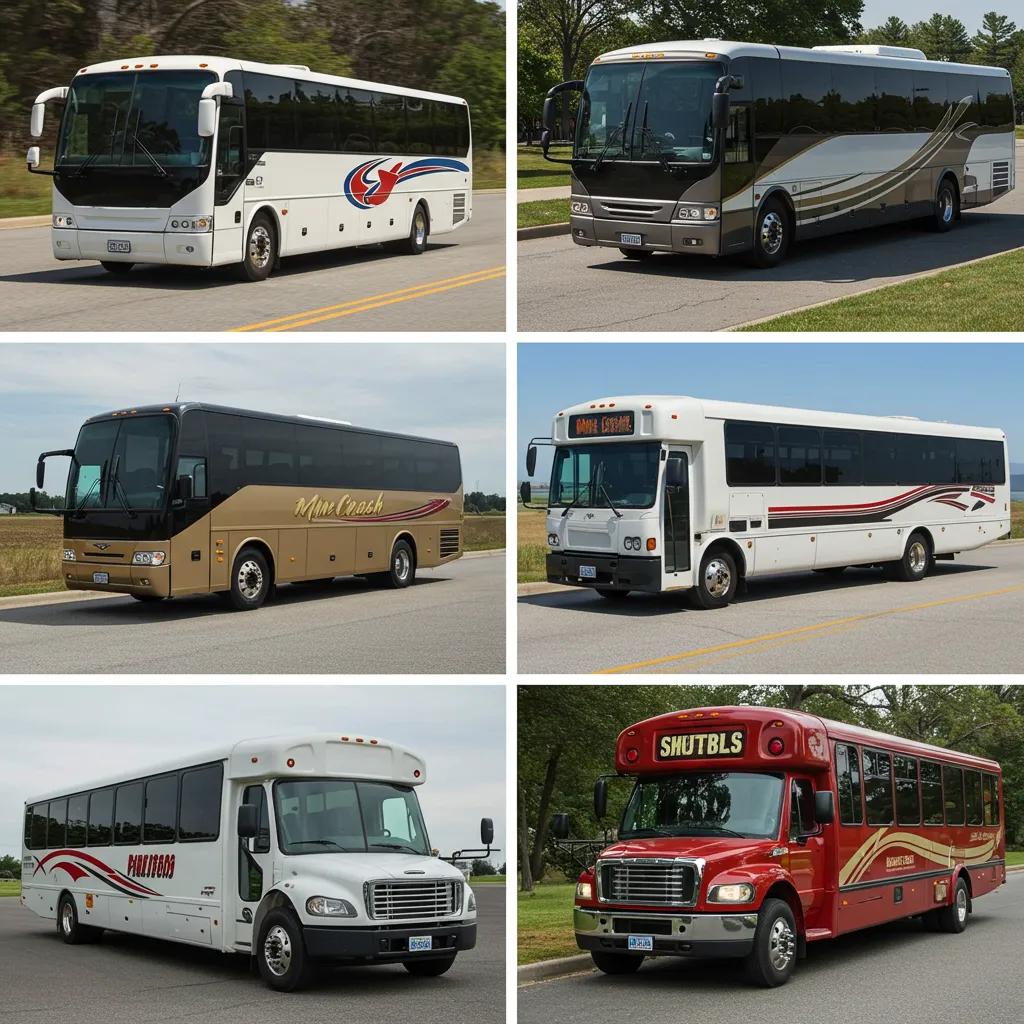 Variety of charter buses including standard coaches, mini coaches, shuttle buses, and party buses, showcasing different sizes and designs for group transportation solutions.