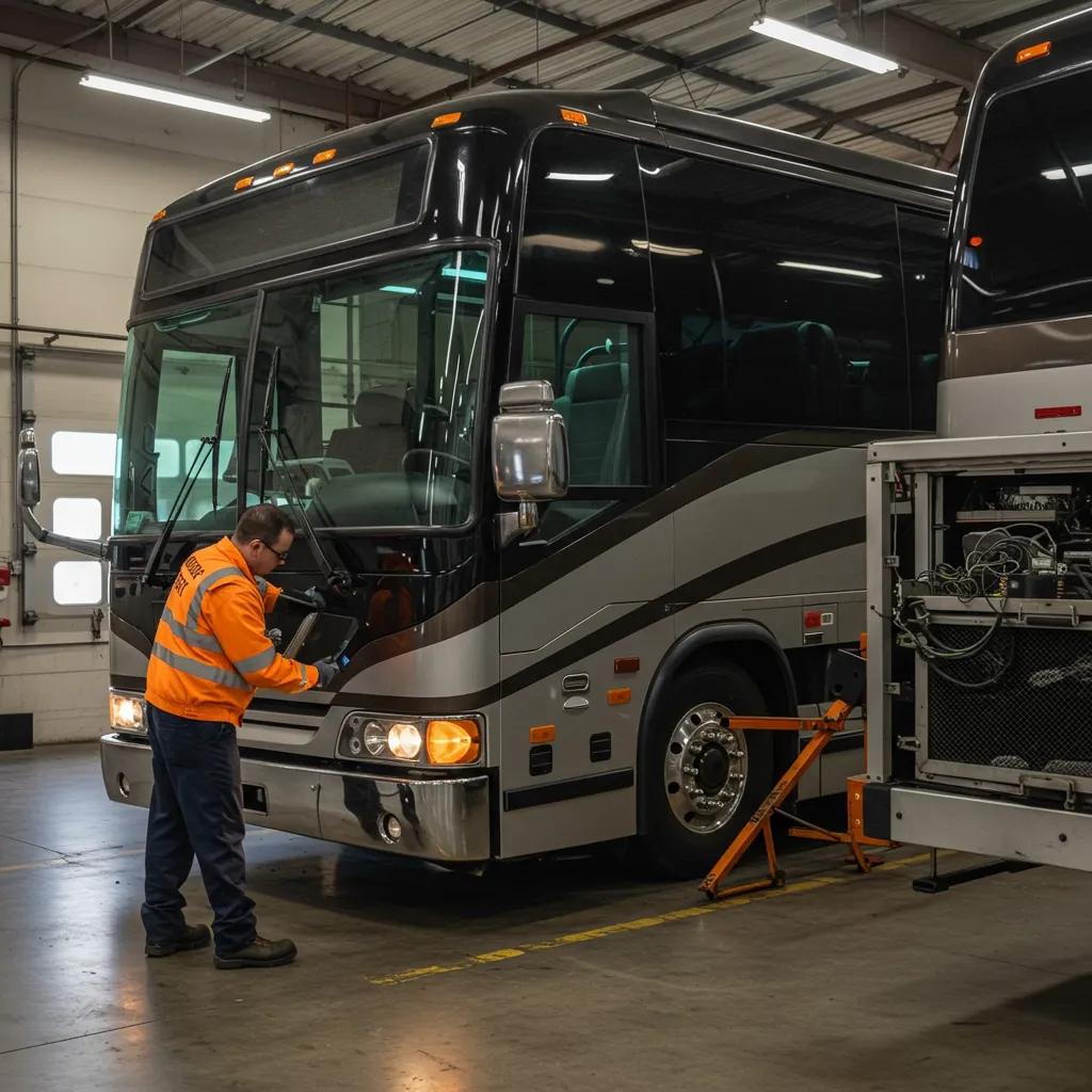 Mechanic inspecting a charter bus in a maintenance facility, highlighting safety and service quality for group transportation.