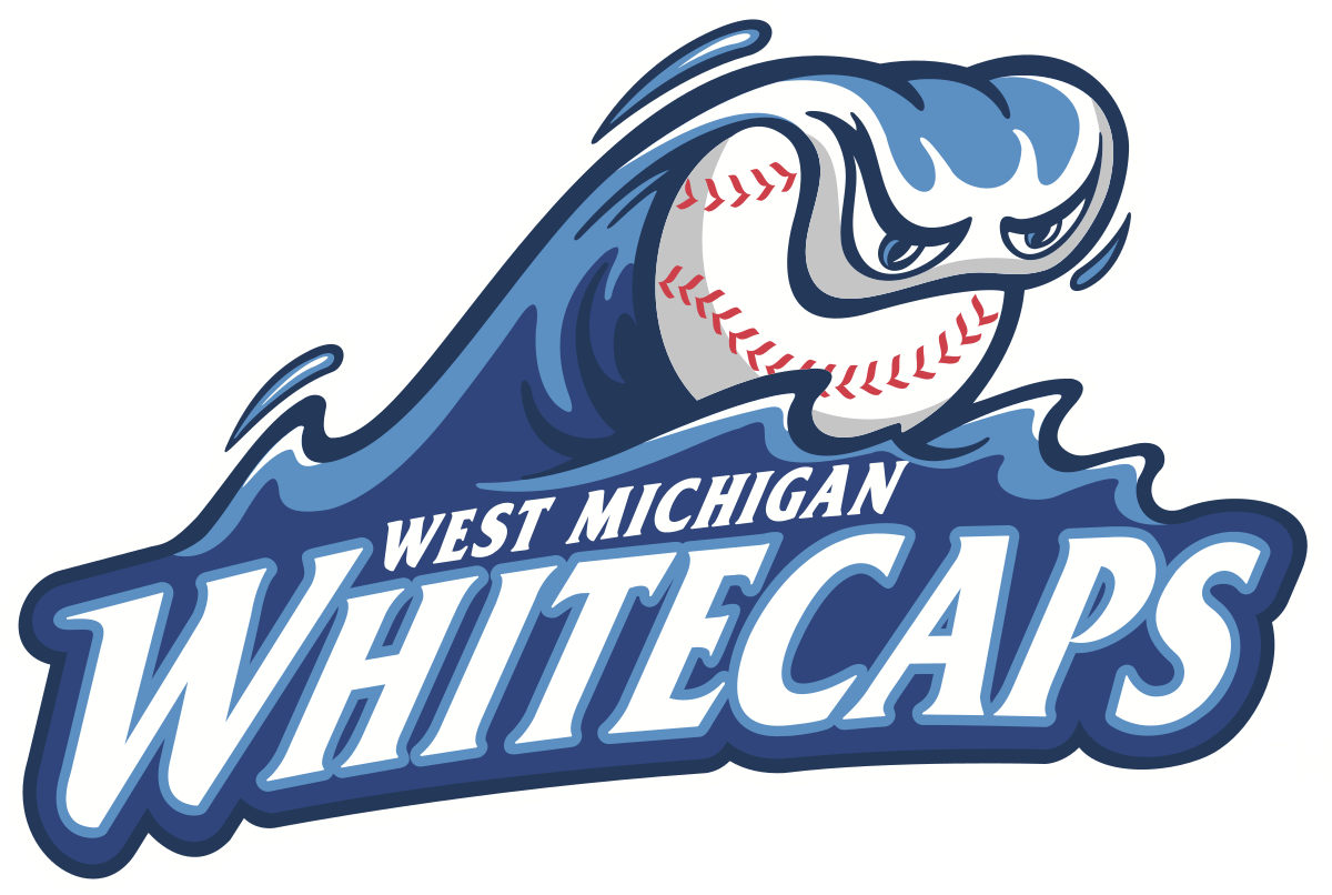West Michigan Whitecaps logo featuring a stylized wave and baseball, promoting family ticket giveaway by Great Lakes Motor Coach.