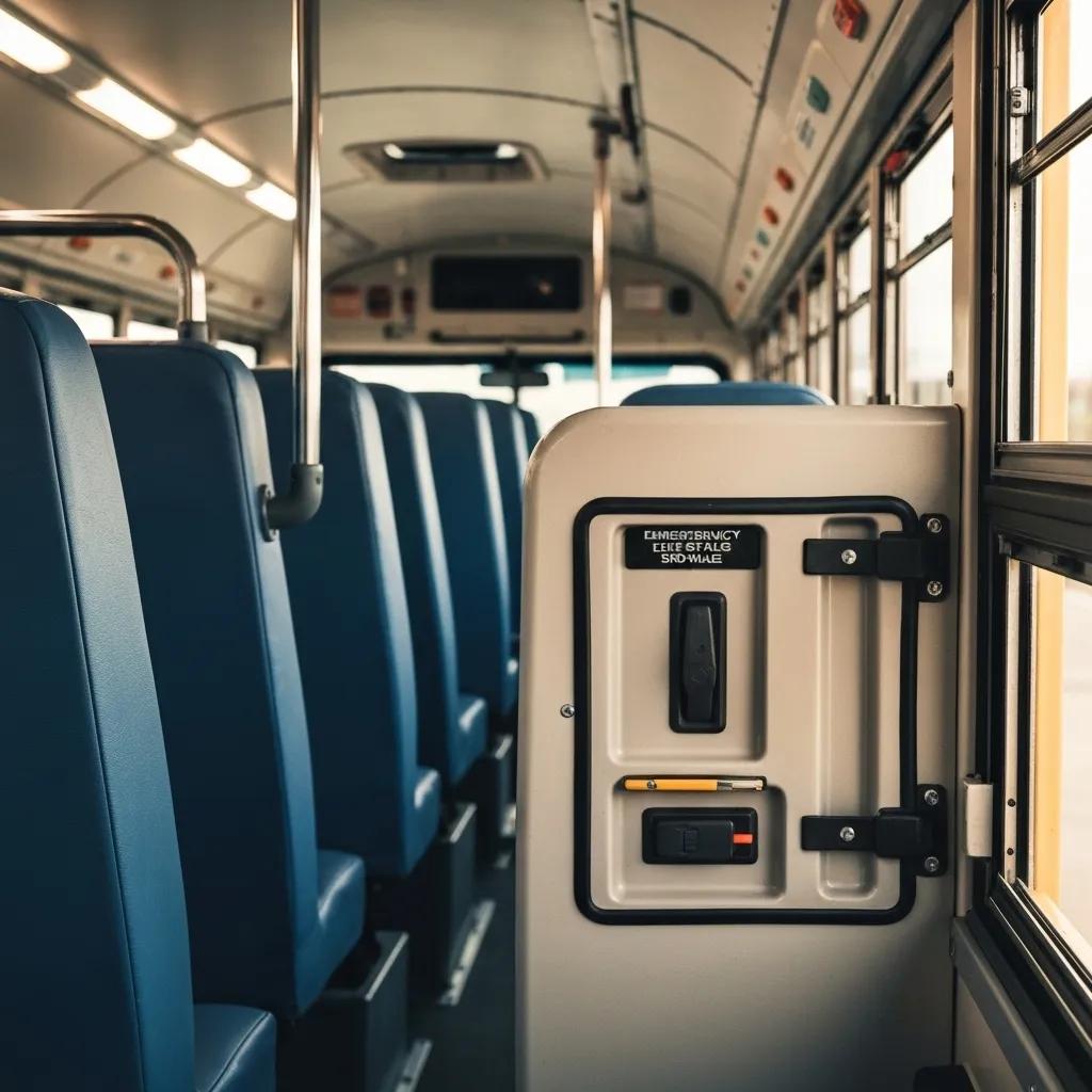 Interior view of a charter bus showcasing safety features like seat belts and emergency exits