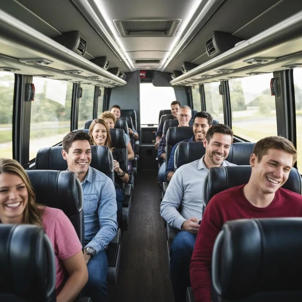 Group of happy passengers enjoying a comfortable ride on a charter bus