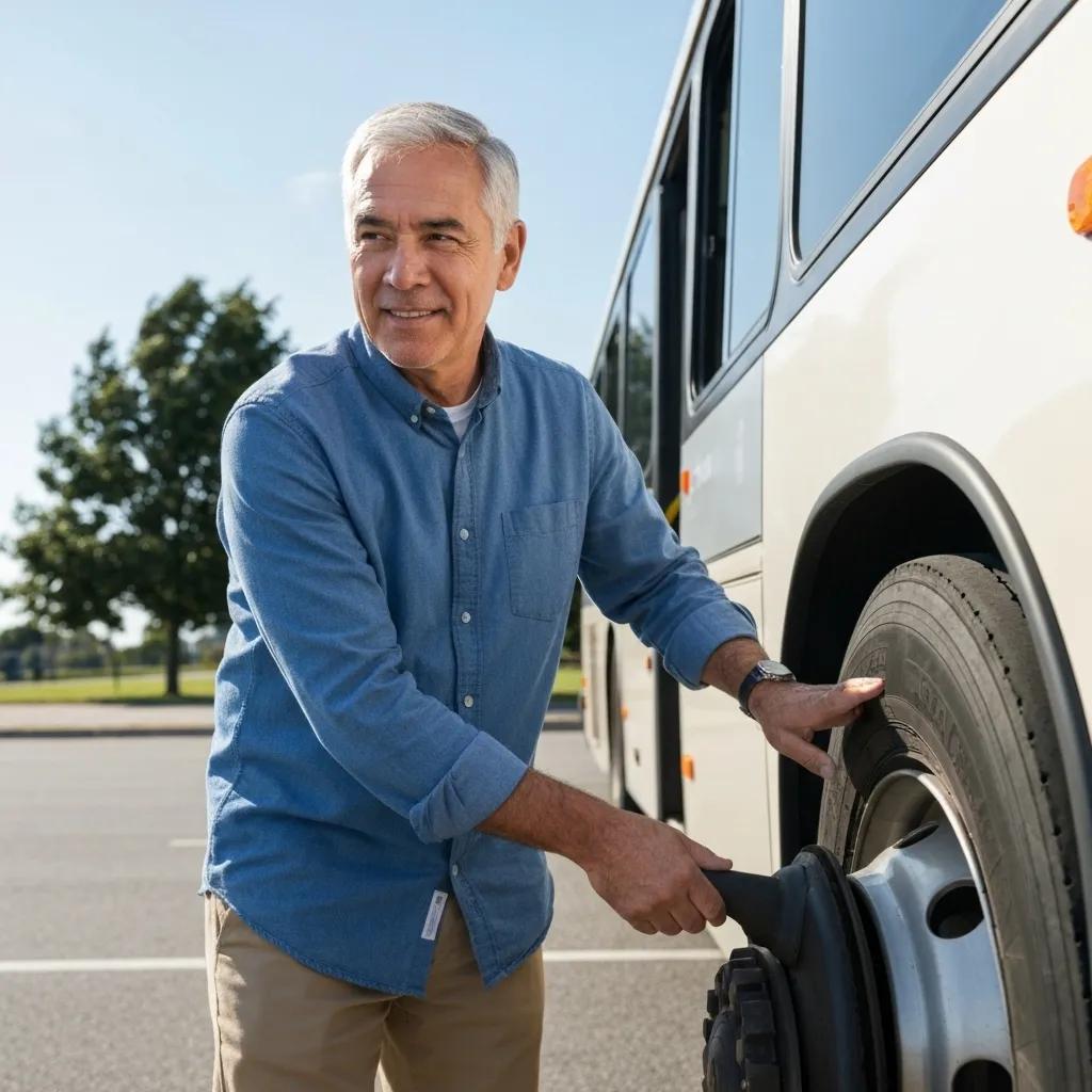Charter bus driver performing a safety inspection, emphasizing reliability and safety in bus rentals