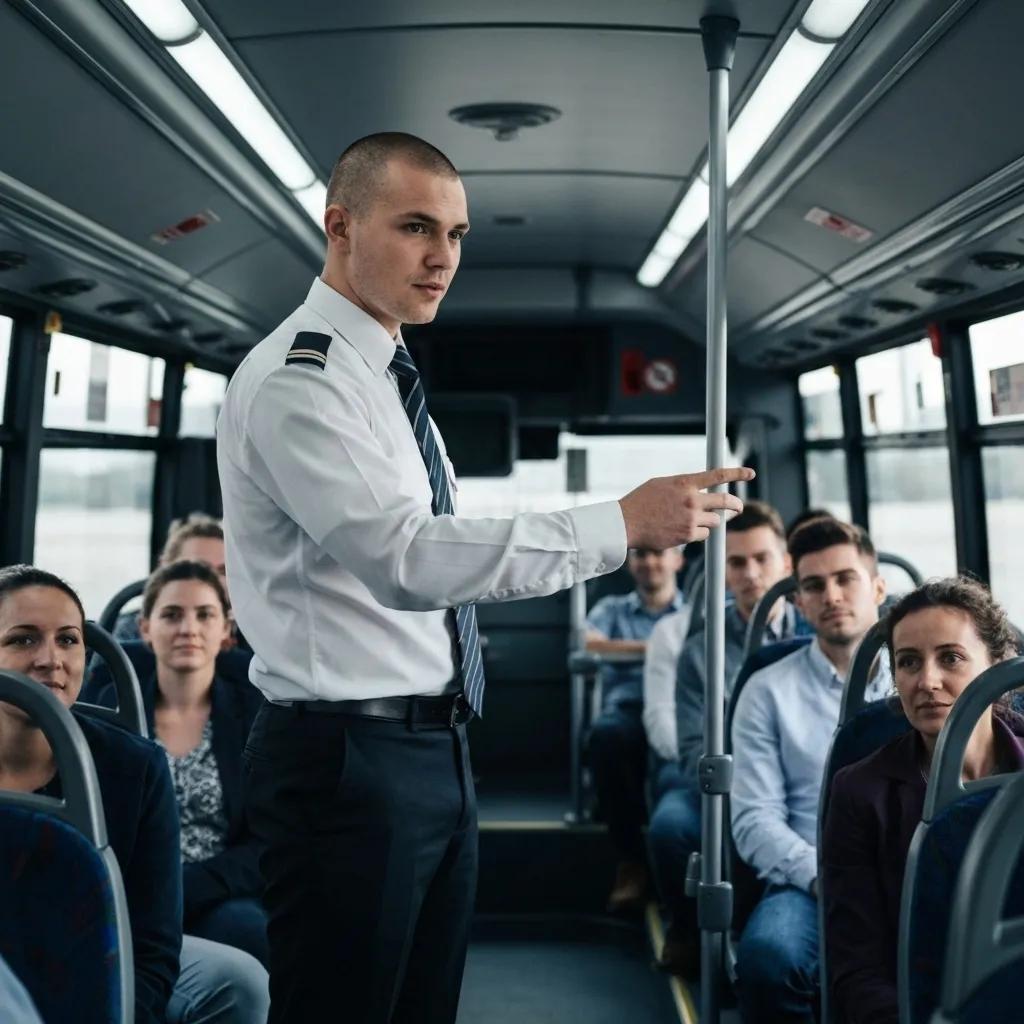 Charter bus driver assisting passengers with a friendly smile in a well-maintained bus interior