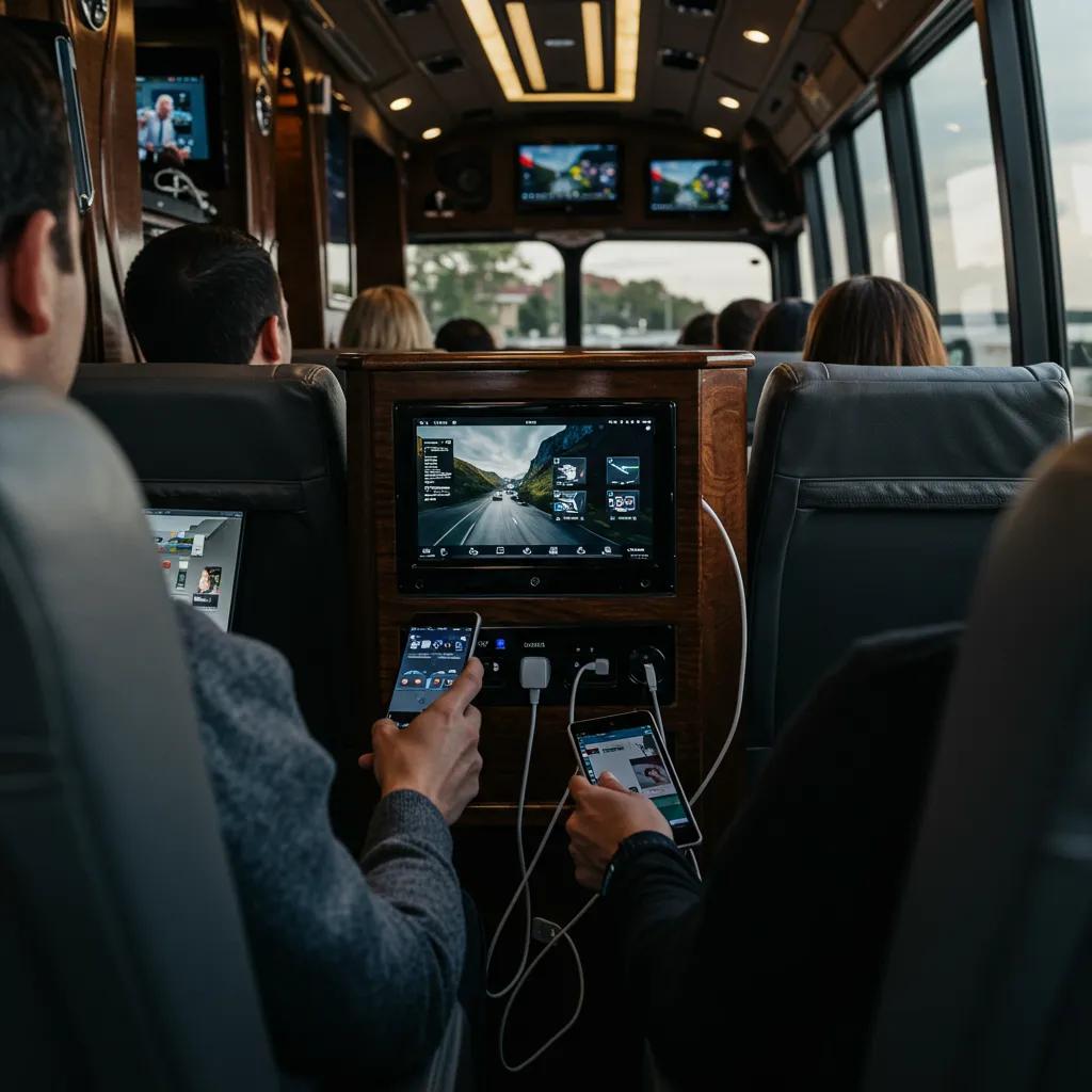 Passengers enjoying onboard entertainment with personal screens and charging devices in a luxury motorcoach