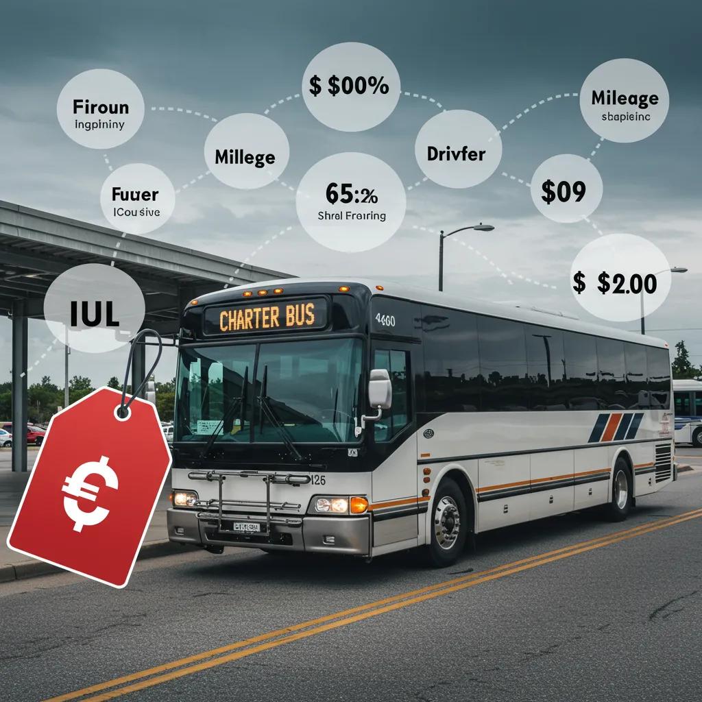 Charter bus parked at a terminal with pricing elements illustrated, including cost factors like driver fees and mileage, relevant to charter bus rental considerations.
