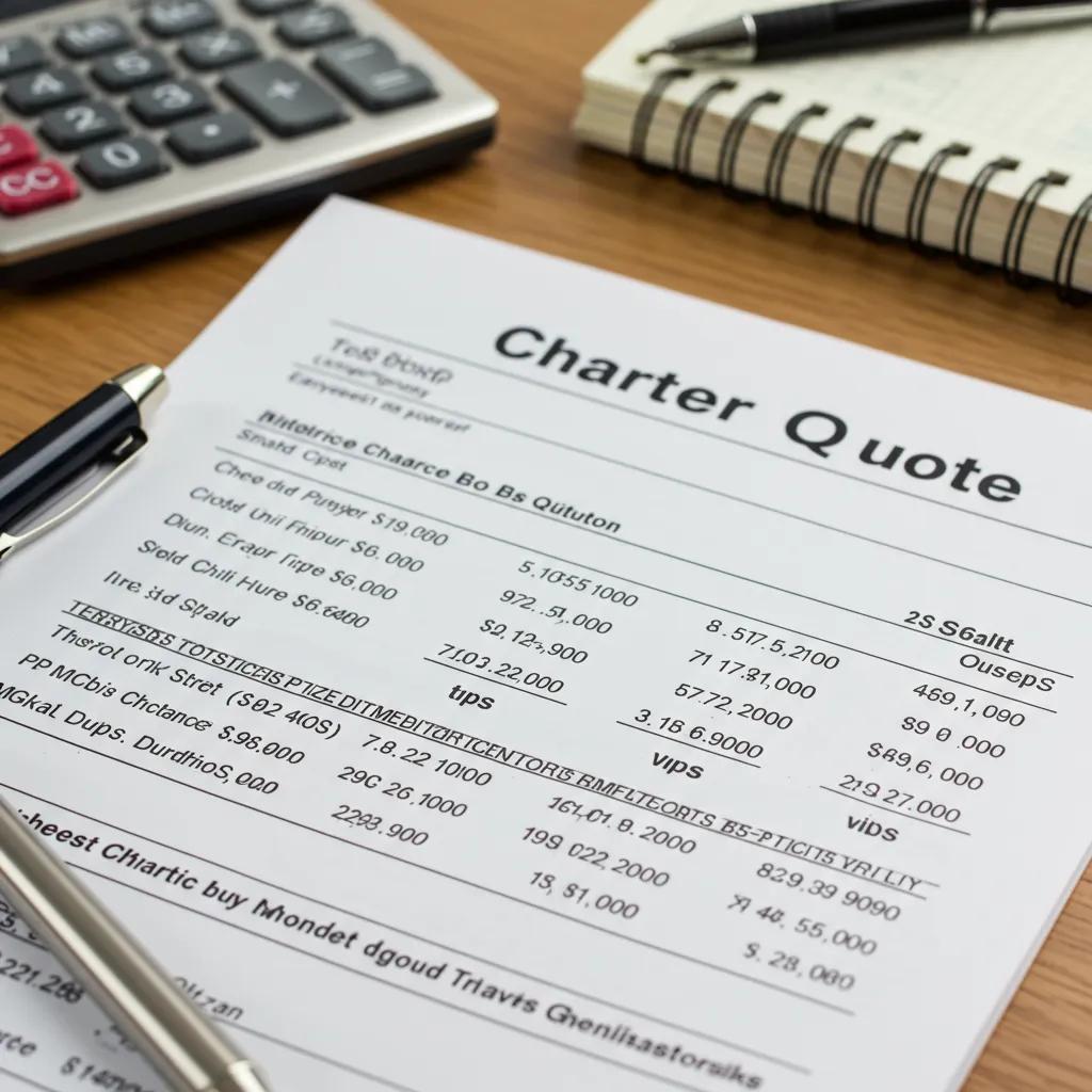 Charter bus quote document highlighting cost factors for group travel, including vehicle pricing, driver fees, and additional charges, with a calculator and notepad in the background.