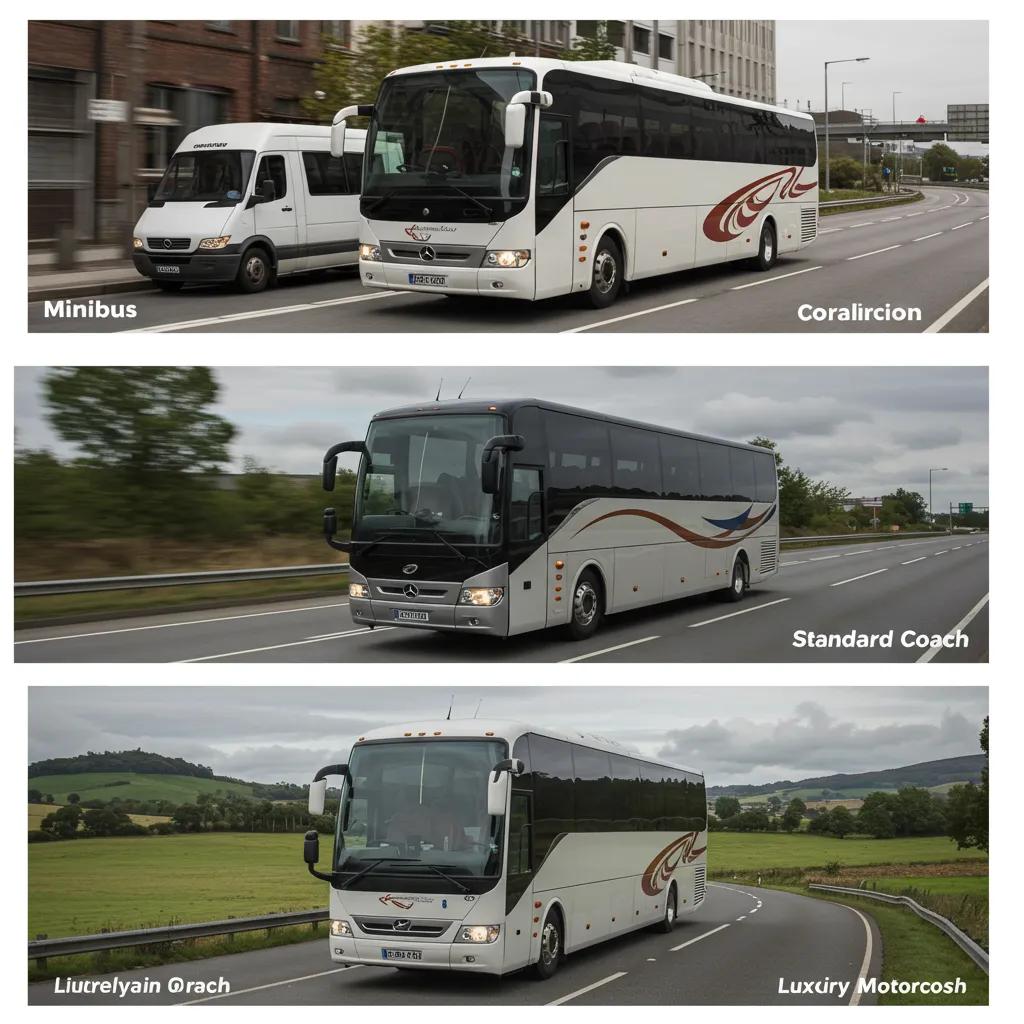 Minibus, standard coach, and luxury motorcoach on road, showcasing vehicle types for different passenger capacities and travel needs, relevant to charter bus rental options.