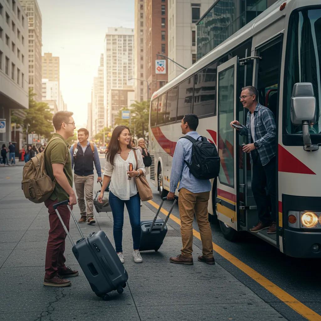 Diverse group of travelers with luggage engaging near a charter bus in an urban setting, illustrating group travel dynamics and transportation options.