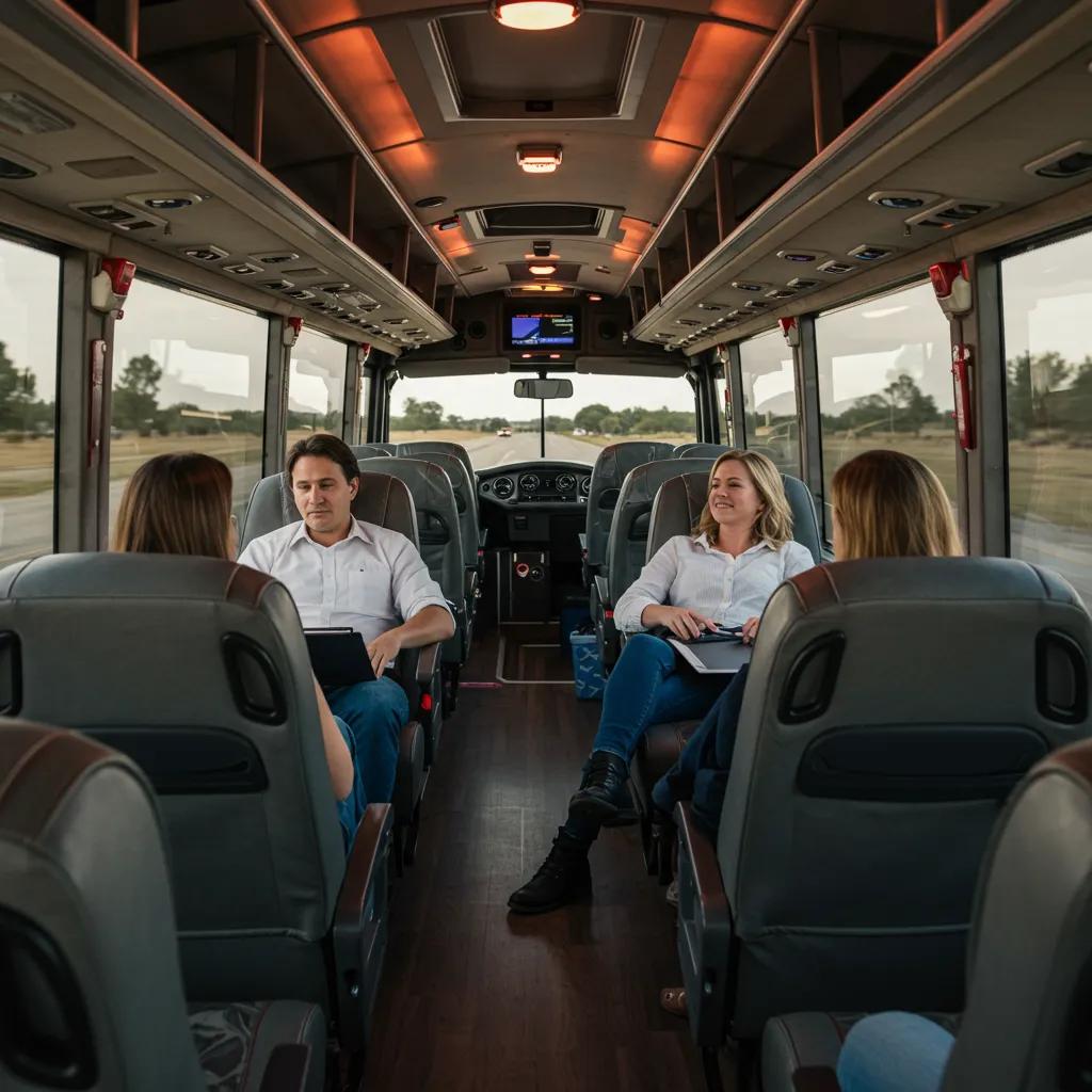 Interior of a charter bus featuring comfortable reclining seats, passengers engaged in conversation, and a view of the road, highlighting amenities for group travel.
