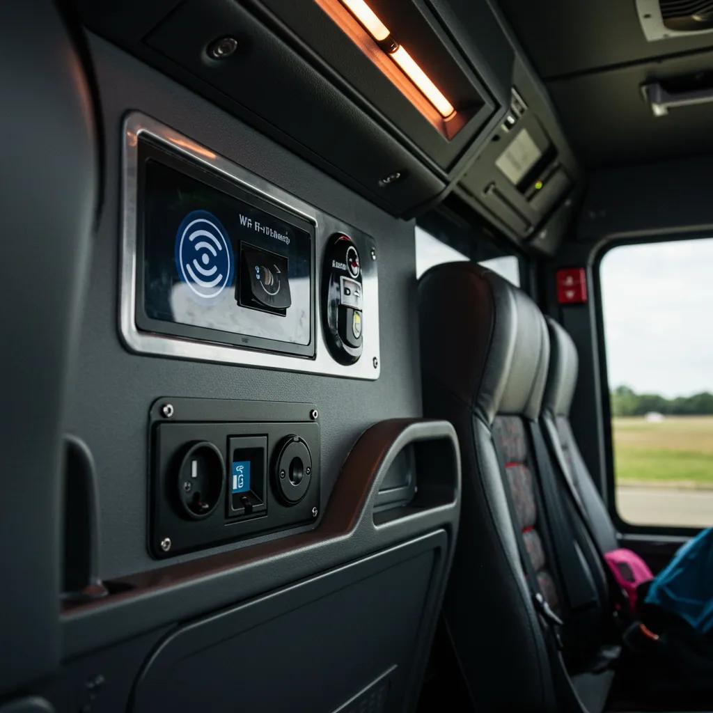 Interior view of a charter bus showcasing amenities such as Wi-Fi connectivity, power outlets, and seating, emphasizing passenger comfort and convenience for group travel.